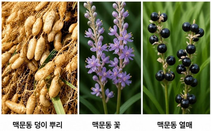실제 맥문동 약재로 사용되는 덩이 뿌리와 조경적 가치가 있는 꽃, 열매를 연속적으로 보여주는 사진